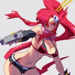  1girl belt bikini bikini_top_only breasts cleavage fingerless_gloves gloves gun long_hair medium_breasts navel ponytail red_hair scarf short_shorts shorts solo swimsuit tengen_toppa_gurren_lagann ura_dora weapon white_background yellow_eyes yoko_littner 