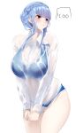  1girl :t bangs blue_hair blush braid breasts brown_eyes crown_braid embarrassed fire_emblem fire_emblem:_three_houses highres icoo large_breasts long_hair marianne_von_edmund pout pouty_lips see-through shirt sidelocks solo swimsuit wet wet_clothes 
