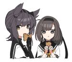  11sayuwan11 2girls akizuki_(kancolle) black_hair black_headband black_sailor_collar blush brown_eyes eating food grey_eyes hair_flaps hatsuzuki_(kancolle) headband highres holding holding_food kantai_collection multiple_girls neckerchief orange_neckerchief ponytail sailor_collar school_uniform serafuku short_hair short_sleeves simple_background taiyaki upper_body wagashi white_background 