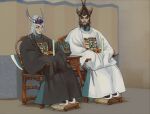  1boy 1girl black_hair blue_eyes chinese_clothes closed_mouth crown footrest hands_in_opposite_sleeves highres long_sleeves looking_at_viewer mossacannibalis shoes sitting sleeves_past_fingers sleeves_past_wrists throne warhammer_fantasy white_hair 