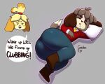  animal_crossing anthro bell big_butt boots bottomwear butt canid canine canis clothed clothing digby_(animal_crossing) digital_media_(artwork) domestic_dog duo female footwear freckles golde isabelle_(animal_crossing) lying lying_on_ground male mammal necktie nintendo on_side pants pillow red_suit shih_tzu sleeping suit thigh_clothing toy_dog video_games yellow_necktie 