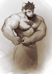  anthro big_muscles big_pecs doooo2424 eyebrows eyes_closed hair hi_res huge_biceps huge_muscles male mammal monochrome muscular pecs snout solo thick_eyebrows tired towel ursid 