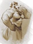  abs anthro big_muscles doooo2424 eyebrows eyes_closed fangs fluffy fluffy_tail hair hi_res huge_biceps huge_muscles huge_pecs humanoid_pointy_ears male mammal muscular open_mouth snout solo thick_eyebrows tired towel ursid yawn 