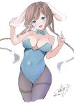  1girl absurdres animal_ears asuna_(blue_archive) asuna_(blue_archive)_(cosplay) asuna_(bunny)_(blue_archive) black_pantyhose blue_archive blue_eyes blue_leotard blush braid breasts brown_hair calin cosplay cropped_legs dated detached_collar fake_animal_ears highres kantai_collection large_breasts leotard long_hair open_mouth pantyhose playboy_bunny rabbit_ears signature simple_background smile solo strapless strapless_leotard teruzuki_(kancolle) twin_braids white_background 
