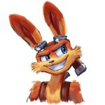  1:1 advos anthro black_nose blue_eyes brown_body brown_fur cheek_tuft daxter digital_media_(artwork) eyewear eyewear_on_head facial_tuft fur goggles goggles_on_head grin hi_res jak_and_daxter looking_away male mammal multicolored_body multicolored_fur mustelid naughty_dog open_mouth ottsel simple_background smile solo sony_corporation sony_interactive_entertainment tan_body tan_fur teeth tuft two_tone_body two_tone_fur video_games 