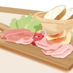  artist_name basket bird bread chai_(drawingchisanne) cutting_board food food_focus lettuce nectarine no_humans original sliced_meat undersized_animal white_background 