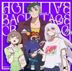  1boy 1other 2girls a-chan_(hololive) adjusting_eyewear alternate_costume aqua_eyes background_text badge bangs black_shirt blue_bow blue_hair blue_nails blue_pants bow bracelet brown_eyes brown_hair brown_jacket button_badge choker clipboard closed_mouth collared_shirt crew_neck daidou_shinove english_commentary english_text glasses green_eyes green_nails green_sweater hair_behind_ear hair_between_eyes hair_bow hand_on_own_arm harusaki_nodoka holding holding_clipboard hololive hololive_english holostars id_card jacket jewelry keenbiscuit leaning_forward logo long_hair looking_at_viewer multiple_girls no_eyewear omega_alpha open_collar open_mouth pants pink_hair pink_nails print_shirt purple_background red-framed_eyewear red_eyes shirt short_hair sweater swept_bangs teeth triangle_halo undercut upper_body upper_teeth v-neck virtual_youtuber watch white_choker white_shirt wristwatch yellow_shirt 