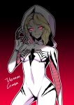  1girl absurdres black_background blonde_hair bodysuit breasts claws corruption covered_navel dark_persona glowing glowing_eyes gradient gradient_background groin_tendon gwen_stacy highres hood looking_at_viewer lsf_(805661342) marvel red_background red_eyes shaded_face she-venom skin_tight small_breasts solo spider-man_(series) symbiote thighs white_bodysuit 