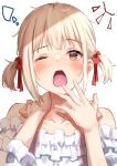  1girl ;o absurdres blonde_hair blush collarbone frilled_shirt frills hand_on_own_neck hand_to_own_mouth highres lycoris_recoil nishikigi_chisato one_eye_closed open_mouth red_eyes shirt short_hair short_twintails sleepy starkamisan tearing_up twintails upper_body white_background white_shirt yawning 
