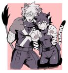  2boys anger_vein animal_ears animal_hands bakugou_katsuki bodysuit boku_no_hero_academia border claw_pose commentary cowboy_shot fang freckles gloves greyscale_with_colored_background highres kemonomimi_mode lion_boy lion_ears lion_tail looking_at_viewer male_focus midoriya_izuku monochrome multiple_boys nugunasutu open_mouth outside_border paw_gloves pink_background short_hair simple_background skin_fang spiked_hair standing tail tiger_boy tiger_ears tiger_tail white_border 