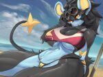  2022 absurd_res anthro beach camel_toe digital_media_(artwork) eyewear faejunkie female fingers generation_4_pokemon grin hi_res looking_at_viewer luxray navel nintendo outside pokemon pokemon_(species) red_sclera seaside smile solo sunglasses video_games yellow_eyes 