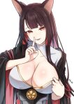  1girl absurdres akagi_(azur_lane) azur_lane black_kimono breasts brown_hair fangs finger_to_mouth fox_girl highres huge_breasts japanese_clothes kang_jian kimono long_hair looking_at_viewer paizuri_invitation red_eyes sakuramon simple_background solo upper_body white_background wide_sleeves 