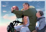  2boys abs bara blue_sky blush border brown_eyes brown_hair cloud cloudy_sky commentary_request commission feet_out_of_frame goggles goggles_around_neck ground_vehicle helmet highres holding holding_helmet jumpsuit kurogane_(housamo) long_sideburns looking_at_another male_focus master_5_(housamo) motor_vehicle motorcycle multiple_boys muscular muscular_male outside_border partially_unzipped pectorals sawch_cls short_hair sideburns sitting skeb_commission sky stomach thick_arms thick_eyebrows tokyo_afterschool_summoners transparent_border white_border white_jumpsuit 