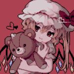  1girl ahiru_tokotoko blonde_hair bow closed_mouth crystal doll_hug flandre_scarlet hat hat_bow heart mob_cap object_hug one_side_up pixel_art red_background red_bow red_eyes signature simple_background smile solo stuffed_animal stuffed_toy teddy_bear touhou upper_body white_headwear wings 