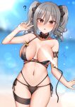  1girl ? absurdres bikini black_bikini blush breasts drill_hair grey_hair highres idolmaster idolmaster_cinderella_girls kanzaki_ranko light_censor looking_at_viewer mabanna navel open_mouth purple_eyes solo sweat swimsuit thigh_strap twin_drills wardrobe_malfunction 