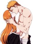  bare_shoulders bleach breasts closed_eyes collarbone convenient_arm couple hetero highres inoue_orihime kiss kurosaki_ichigo long_hair off_shoulder orange_hair pectorals rozuberry short_hair spiked_hair topless_male upper_body 