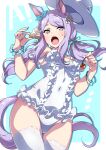  1girl absurdres animal_ears bangs cherry covered_navel cream dessert ear_bow ear_ribbon eating food frilled_swimsuit frills fruit hat highres holding holding_food holding_fruit horse_ears horse_girl horse_tail long_hair looking_at_viewer low_twintails mejiro_mcqueen_(umamusume) open_mouth purple_eyes purple_hair solo sun_hat swept_bangs swimsuit tail thighhighs tokiani twintails umamusume white_headwear white_one-piece_swimsuit white_thighhighs 