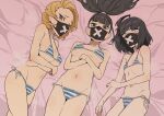  3girls bed_sheet bikini black_hair blonde_hair blue_archive blush breasts brown_eyes collarbone flat_chest highres large_breasts long_hair looking_at_viewer lying mask mouth_mask multiple_girls navel on_back on_side osame ponytail short_hair side-tie_bikini striped striped_bikini sukeban_(mg)_(blue_archive) sukeban_(smg)_(blue_archive) sukeban_(sr)_(blue_archive) swimsuit yellow_eyes 