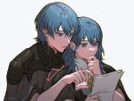  1boy 1girl apple_brk armor bangs black_cape blue_eyes blue_hair byleth_(fire_emblem) byleth_(fire_emblem)_(female) byleth_(fire_emblem)_(male) cape closed_mouth detached_collar fire_emblem fire_emblem:_three_houses hair_between_eyes hand_up holding holding_paper long_hair paper short_hair simple_background white_background 