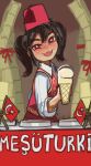  1girl :d black_hair blush collared_shirt fangs fez_hat food holding ice_cream long_sleeves looking_at_viewer mossacannibalis open_mouth original red_vest shirt skin_fangs smile smug solo star-shaped_pupils star_(symbol) symbol-shaped_pupils turkey turkish_flag turkish_text twintails vest white_shirt wing_collar 