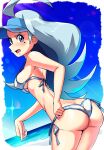  1girl angry ass bikini blue_eyes blue_hair blush breasts butt_crack embarrassed hat highres kahili_(pokemon) light_blue_hair long_hair paraiso551 pokemon pokemon_(game) pokemon_sm solo swimsuit v-shaped_eyebrows visor_cap 