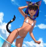  1girl animal_ears arm_up armpits bikini black_hair blue_hair blue_sky bracelet braid cloud dark-skinned_female dark_skin day earrings egyptian egyptian_clothes flat_chest headgear highres hoop_earrings jackal_ears jackal_tail jewelry kawakami_rokkaku looking_at_viewer multicolored_hair navel ocean open_mouth original outdoors red_eyes short_hair sky smile solo standing swimsuit two-tone_hair usekh_collar wading water wet white_bikini 