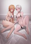  2girls absurdres alternate_eye_color barefoot bikini black_bikini blonde_hair blush breasts covering covering_crotch full_body grin highres knee_up large_breasts leaning_back leaning_to_the_side long_hair looking_at_viewer micro_bikini multiple_girls nakiri_alice nakiri_erina navel nipple_slip nipples parted_lips raised_eyebrows red_eyes shokugeki_no_souma short_hair side-tie_bikini sitting smile sooon stomach swimsuit thighs untied untied_bikini white_hair 