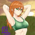  1girl armpits arms_behind_head arms_up bikini blonde_hair bra breasts clothes_lift green_eyes large_breasts long_hair looking_at_viewer medium_breasts muscular muscular_female non-web_source orange_hair original red_hair shirt_lift solo swimsuit underwear underwear_only 