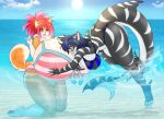  2017 anthro big_breasts bikini biped blue_hair blush breast_grab breasts canid canine canis clothing domestic_dog duo emilia_(criticalgeneral) face_on_breast female female/female fish hair hand_on_breast huge_breasts hyper hyper_breasts kneeling mammal marine nipple_outline one_eye_closed open_mouth outside partially_submerged pattern_bikini pattern_clothing pattern_swimwear ruff sea shark shiba_inu smile spitz striped_bikini striped_clothing striped_swimwear stripes suika-x swimwear unknown_character water wet 