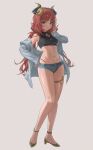  1girl absurdres blue_eyes breasts clothing_cutout commentary crop_top denim denim_shorts genshin_impact highleg highleg_panties highres horns legs_together looking_at_viewer navel navel_cutout nilou_(genshin_impact) panties panties_under_shorts panty_straps red_hair short_shorts shorts small_breasts smile solo standing thigh_strap thighs thong underwear zutsuyaku 