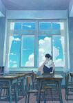  1girl absurdres black_hair black_skirt blue_sky chair classroom cloud commentary_request curtains day desk highres indoors long_hair original pinoj0214 ponytail scenery school_chair school_desk school_uniform short_sleeves sitting skirt sky solo white_hair window 