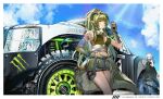  2girls absurdres arknights bare_shoulders black_dress black_gloves blue_sky breasts can cloud crocodilian_tail crop_top day dress fingerless_gloves gavial_(arknights) gavial_the_invincible_(arknights) gloves green_hair grey_hair ground_vehicle hand_on_hip highres holding holding_can jia_redian_ruzi_ruzi medium_breasts midriff monster_energy multiple_girls navel official_alternate_costume ponytail sky soda_can stomach tail tomimi_(arknights) two_side_up yellow_eyes 