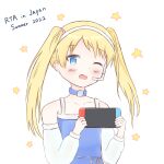  1girl blonde_hair blue_dress blue_eyes dress handheld_game_console headphones headset holding holding_handheld_game_console looking_at_viewer nintendo_switch one_eye_closed open_mouth rta-chan rta_in_japan sleeveless sleeveless_dress smile solo towa0131 twintails 