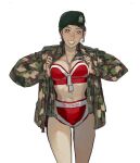  1girl :d beret between_breasts borrowed_character boyshort_panties bra breasts brown_eyes brown_hair camouflage camouflage_jacket dog_tags green_jacket hat highres jacket large_breasts looking_at_viewer military military_uniform mossacannibalis open_mouth original panties red_bra red_panties simple_background smile solo standing underwear uniform white_background 