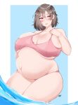  1girl absurdres artist_name bangs bayoshii big_belly bikini blue_background blunt_ends blush border breasts breasts_apart brown_hair character_request copyright_request hair_between_eyes highres huge_breasts looking_at_viewer md5_mismatch medium_hair navel open_mouth outie_navel partially_submerged pink_bikini pink_eyes pregnant solo swimsuit thick_thighs thighs water wet white_border 