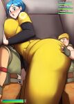 1girl 2boys absurdres ass ass_grab ass_press belt blank_eyes blonde_hair blue_eyes blue_hair blush breast_press breasts bulma carlitoxproductions dragon_ball dragon_ball_super dragon_ball_super_super_hero embarrassed fortnite giant giantess hetero highres large_breasts multiple_boys nose_blush open_mouth pants short_hair size_difference sweatdrop yellow_pants 