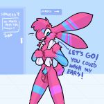  absurd_res anthro balls blue_body blue_eyes blue_fur dialogue english_text fur genitals hi_res lagomorph leporid looking_at_viewer male mammal multicolored_body multicolored_fur nude open_mouth penis pink_body pink_fur pubes rabbit solo talking_to_viewer text the_xing1 xing_(the_xing1) 