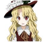  1girl bangs black_ribbon blonde_hair brown_eyes brown_headwear brown_vest collared_shirt frilled_hat frills hat hat_feather jacket_girl_(dipp) long_hair looking_at_viewer momom_pancake neck_ribbon open_mouth parted_bangs ribbon shirt simple_background solo touhou upper_body very_long_hair vest wavy_hair white_background white_shirt 