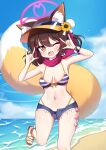  1girl :d \m/ absurdres animal_ear_fluff animal_ears arm_up bangs bare_legs beach bikini blue_archive breasts brown_hair cutoffs denim denim_shorts double_\m/ fox_ears fox_tail halo highres izuna_(blue_archive) izuna_(swimsuit)_(blue_archive) looking_at_viewer one_eye_closed open_mouth shorts smile solo swimsuit tail yukki_bunny 