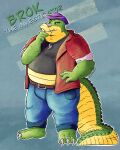  2022 alligator alligatorid anthro baffledrus belly bottomwear brok_(character) brok_the_investigator clothing crocodilian green_body hat headgear headwear hi_res humanoid_hands male overweight overweight_male pants reptile scalie shirt solo topwear video_games 