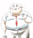  2022 anthro belly big_belly blush bottomwear canid canine canis clothing domestic_dog humanoid_hands kemono male mammal mature_male necktie overweight overweight_male pants shirt simple_background smoking solo topwear toshi_(artist) 