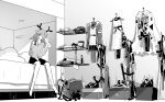  1girl animal_ears antlers arknights arrow_(projectile) bed box clothes_hanger crossbow deer_ears deer_girl dress firewatch_(arknights) full_body greyscale indoors iwashi_80 jacket looking_at_viewer monochrome off_shoulder quiver reindeer_antlers rubbing_eyes shelf shirt shoes shorts sitting solo waking_up 