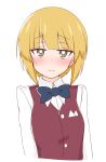  1girl ame_(amechan17391739) bad_id bad_twitter_id bangs bartender black_bow black_bowtie blonde_hair blunt_bangs blush bob_cut bow bowtie bright_pupils brown_vest closed_mouth commentary cropped_torso cutlass_(girls_und_panzer) dress_shirt frown girls_und_panzer half-closed_eyes handkerchief highres inactive_account long_sleeves looking_at_viewer no_headwear shirt short_hair simple_background solo upper_body vest white_background white_pupils white_shirt wing_collar yellow_eyes 