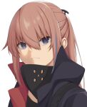  1girl act_(xadachit) bangs black_mask blue_eyes blue_jacket closed_mouth girls&#039;_frontline hair_ornament hairclip jacket long_hair looking_at_viewer mask mask_around_neck mod3_(girls&#039;_frontline) multicolored_hair open_clothes open_jacket pink_hair ponytail solo st_ar-15_(girls&#039;_frontline) streaked_hair upper_body white_background 