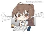  1girl ahoge bad_id bad_twitter_id bags_under_eyes bangs bespectacled book brown_eyes brown_hair coffee_cup cup disposable_cup english_text glasses glasses_case gyaheung hair_ornament hair_tie hairclip hololive hololive_english hood hoodie long_hair math multicolored_hair nanashi_mumei ponytail short_sleeves starbucks_siren streaked_hair very_long_hair virtual_youtuber white_hoodie 