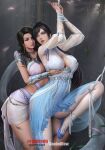  2girls arm_cutout black_hair blue_footwear bound bound_wrists breasts character_request chinese_clothes cleavage_cutout clenched_teeth clothing_cutout eyepatch falling_petals goatwillow grabbing grabbing_from_behind gu_qinghan_(yong_jie_wujian) highres large_breasts leg_up light_rays long_sleeves multiple_girls petals ponytail see-through see-through_sleeves teeth thighhighs yong_jie_wujian 
