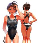  1girl adjusting_clothes adjusting_swimsuit ahoge ass back_cutout bangs black_hair black_one-piece_swimsuit blue_eyes blue_one-piece_swimsuit clothing_cutout commentary_request competition_swimsuit covered_navel cowboy_shot goggles goggles_removed hand_in_own_hair highleg highleg_swimsuit highres holding holding_goggles kilesha logo looking_at_viewer mole mole_under_eye multiple_views one-piece_swimsuit original short_hair simple_background smile standing swept_bangs swim_cap swim_cap_removed swimsuit tan tanlines water_drop wet wet_hair white_background 
