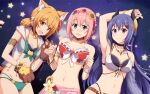  3girls :d animal_ear_fluff animal_ears animal_hands arm_up armlet bangs bare_shoulders bell belt bikini black_bikini black_choker black_collar black_horns blue_eyes blue_hair blush bow bow_bikini bracelet braid breasts brown_belt brown_collar brown_gloves cat_ears cat_girl cat_paws cat_tail choker cleavage closed_mouth collar collarbone commentary_request cowboy_shot crown_braid curled_horns demon_girl demon_horns flower flower_ornament frilled_bikini frills gloves green_bikini groin hair_between_eyes hair_flower hair_ornament hairclip hibiscus highleg highleg_bikini highres hiyori_(princess_connect!) hood hood_down hooded_jacket horns ishida_seito jacket jewelry large_breasts long_hair looking_at_viewer medium_breasts midriff multi-strapped_bikini multiple_girls navel neck_bell necklace nose_blush o-ring o-ring_bottom official_alternate_costume open_clothes open_jacket open_mouth orange_eyes orange_hair partial_commentary paw_gloves pink_hair princess_connect! purple_eyes red_bikini rei_(princess_connect!) sarong see-through see-through_jacket see-through_sarong short_hair sidelocks sky sleeveless sleeveless_jacket small_breasts smile standing star_(sky) starry_sky swimsuit tail white_bikini white_bow yui_(princess_connect!) zipper_pull_tab 