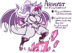  2017 anthro arimyst_glacinda big_breasts breasts cleavage clothed clothing english_text fangs female footwear gem grey_body hair high_heels horn huge_breasts huge_thighs jinti_(artist) magic magic_user membrane_(anatomy) membranous_wings multicolored_hair narrowed_eyes non-mammal_breasts partially_clothed skimpy solo teeth text thick_thighs two_tone_hair white_hair wings 