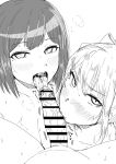  1boy 2girls absurdres blush bow completely_nude cooperative_fellatio fellatio greyscale hair_bow hair_ornament hairclip hetero highres higuchi_kaede kaiman_garupan long_hair mole mole_under_eye monochrome multiple_girls nijisanji nude oral penis shizuka_rin short_hair tongue tongue_out very_long_hair virtual_youtuber 